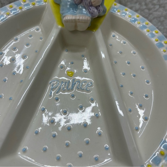 Mud Pie kids plate divided and cup ceramic Prince blue & yellow handcrafted - Picture 3 of 14